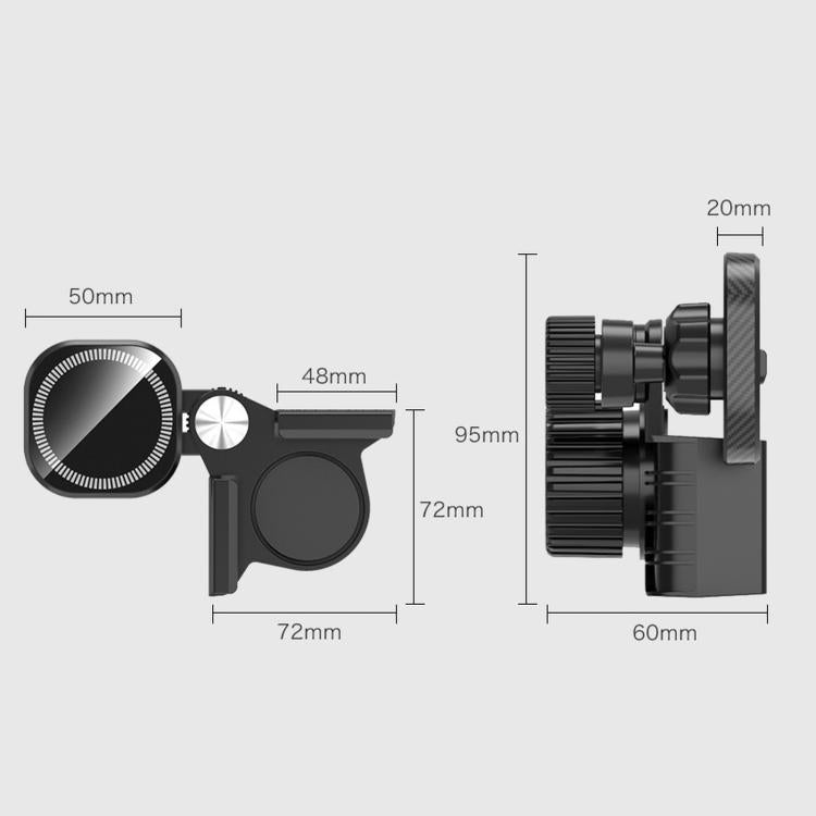 Magnetic car phone holder with dimensions diagram, circular screen pad, and clamp mount