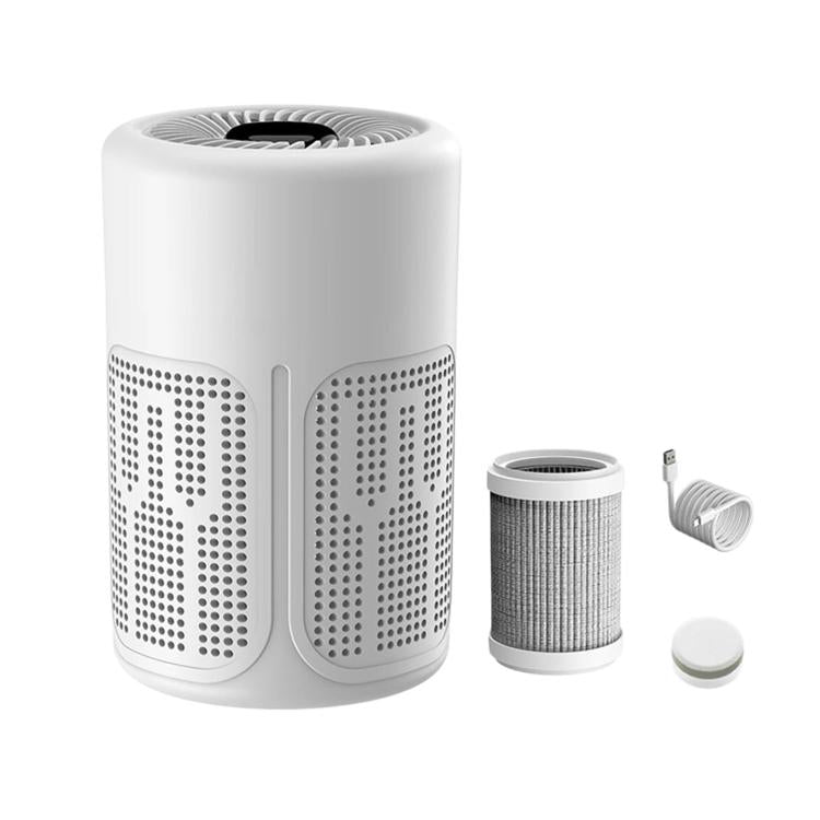 White cylindrical air purifier with top fan and removable gray filter cartridge