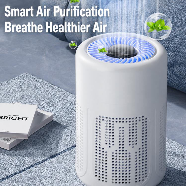 White cylindrical air purifier with front vent holes and blue-lit airflow fan