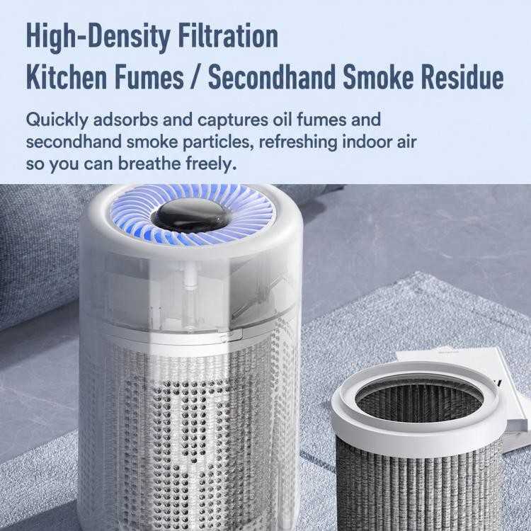 White air purifier with visible gray filter and separate replacement filter cartridge