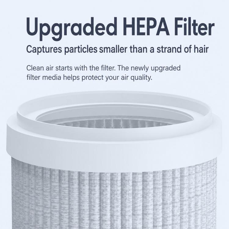 Air purifier with top circular opening showing a gray pleated filter media