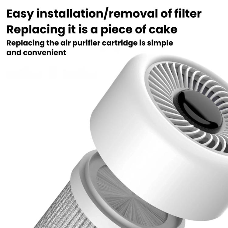 Air purifier with top fan opening and filter cartridge being removed