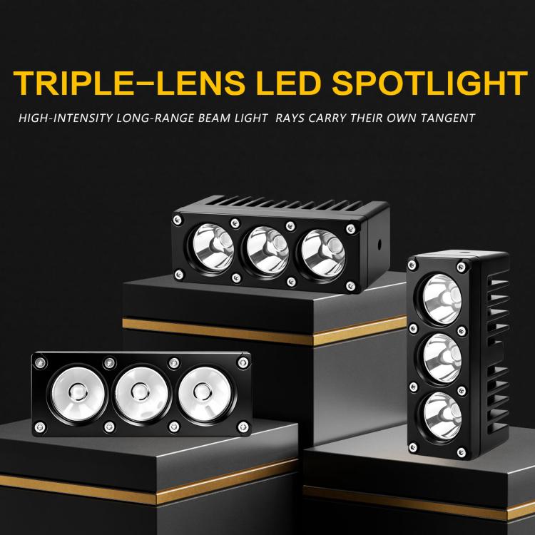 Triple-lens LED spotlight with finned black housing and three round chrome lenses