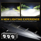Triple-lens LED spotlight projecting a white beam on the road, black housing