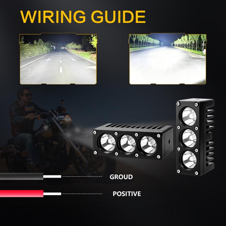 Triple-lens LED spotlight with side heat fins and attached wiring leads, black