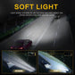Triple-lens LED spotlight casting a soft white light beam on the road, black housing