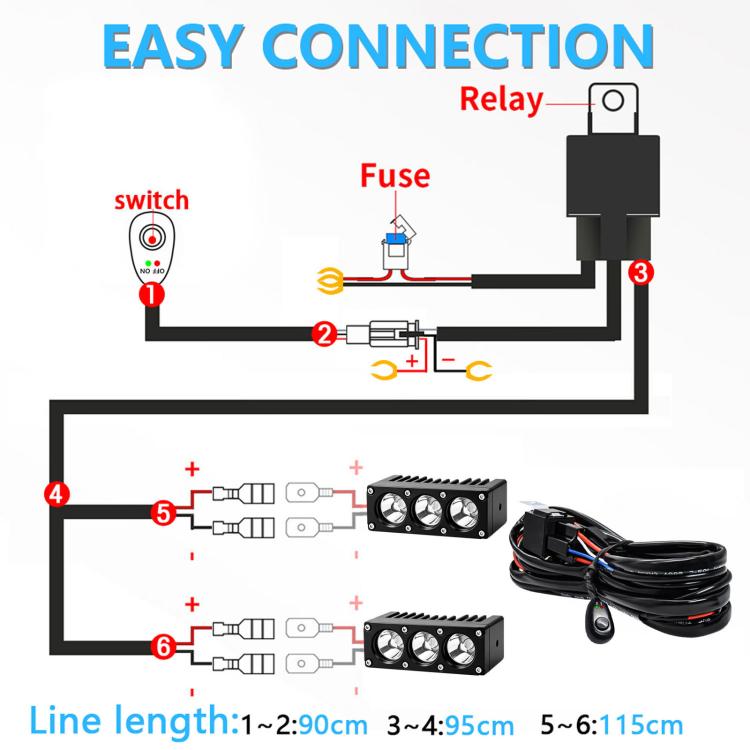 Wiring harness diagram with relay, fuse, switch, and two grille spotlight LED bars