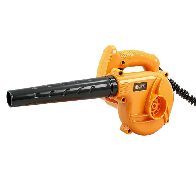 Orange electric blower with extended black nozzle and rear vent grille