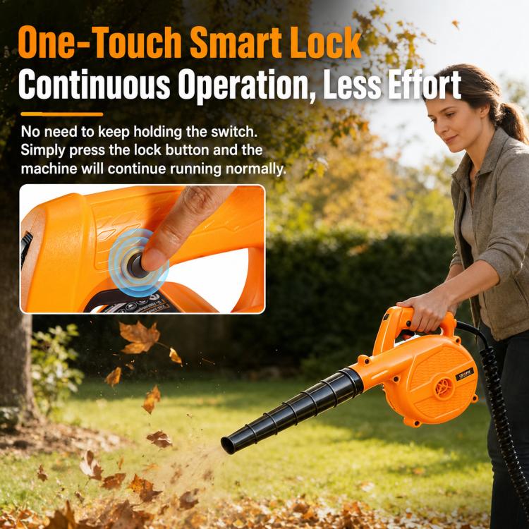 Orange handheld blower with long black tube and airflow nozzle