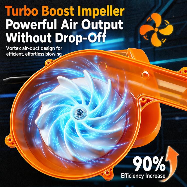 Orange blower housing with visible fan impeller and front air outlet