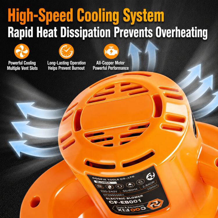 Orange electric blower with round cooling vents and power label