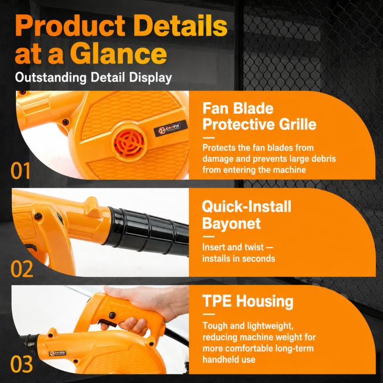 Orange blower fan grille and black nozzle tube with bayonet connection