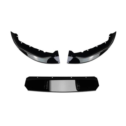 Black front lip decor stickers, split front splitter with glossy curved segments and clips