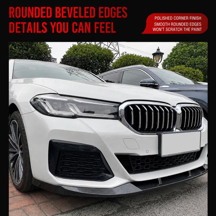 Black front lip decor installed on car front bumper, split lower splitters with center panel