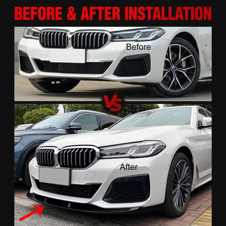 After-installation front lip decor on car bumper, split lower lip with center insert