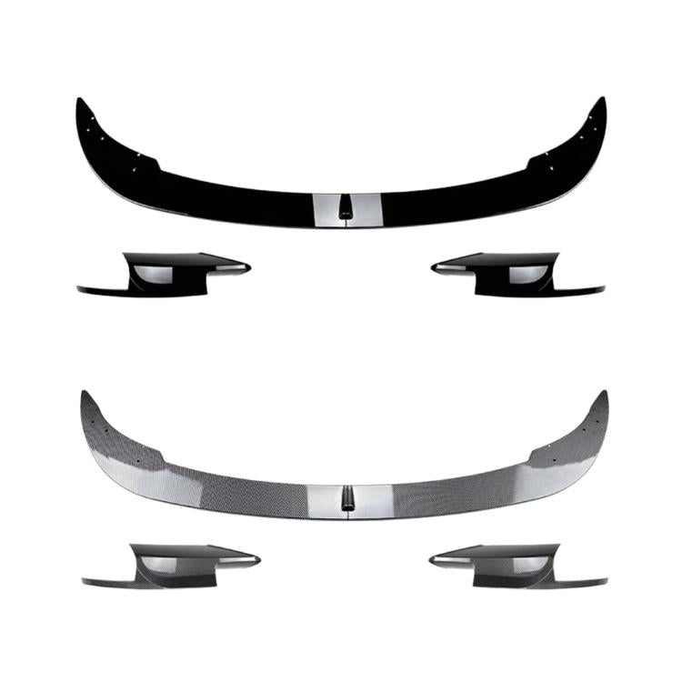 Set of front bumper trim and front lip pieces in black and carbon-fiber styles