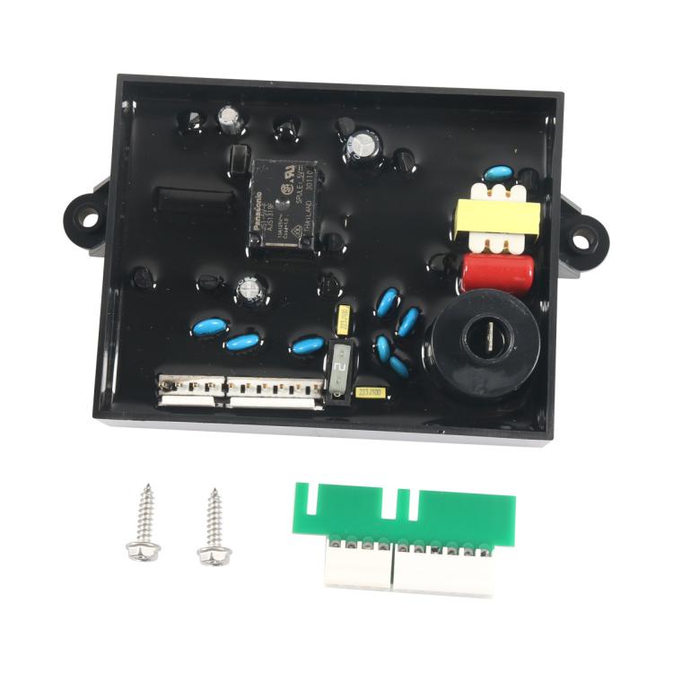 RV water heater control circuit board with black housing and blue capacitors