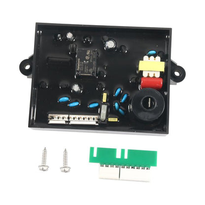 RV water heater control circuit board with black housing and blue capacitors