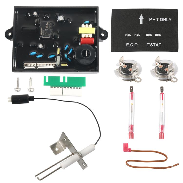 Water heater control circuit board kit with black board, wiring, screws, and connector pins
