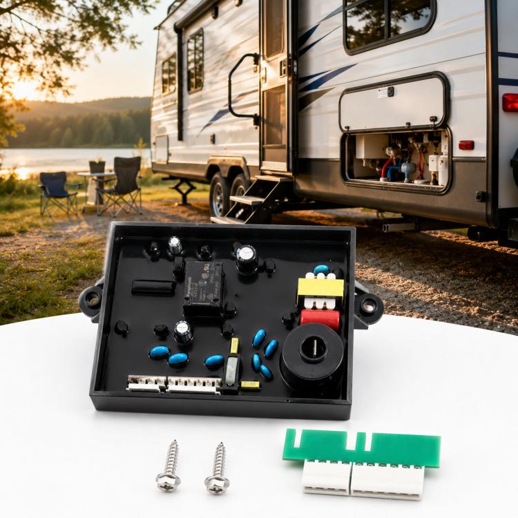 RV water heater control circuit board assembly with screws and green jumper connector