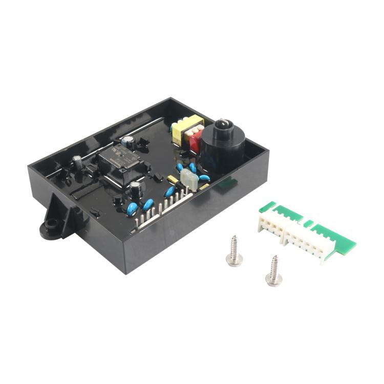 RV water heater control circuit board in black enclosure with components and green connector