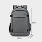 Gray laptop backpack dimensions: front view with height, width, and depth markers