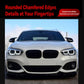 Front lip spoiler sticker on BMW front bumper with chamfered edge detail