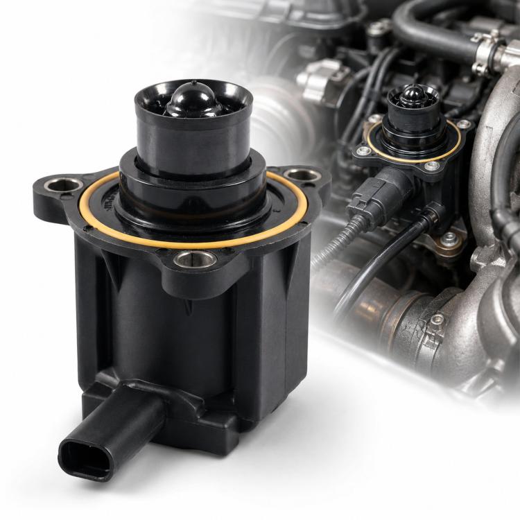 Turbocharger bypass solenoid valve, black plastic with orange seal ring and electrical connector