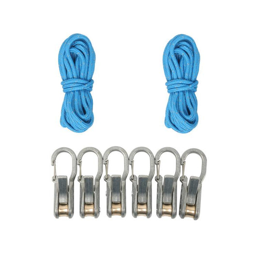 Retractable paracord tensioner kit with blue nylon cord and silver locking carabiners