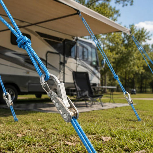 Blue nylon cord with silver retractable tensioner and locking carabiner