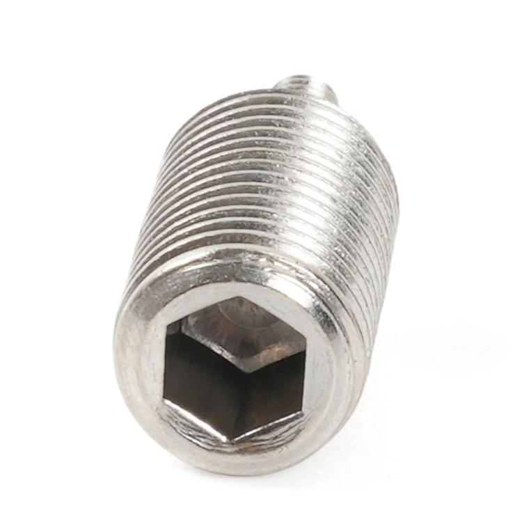 Silver threaded screw with hex socket opening on the head