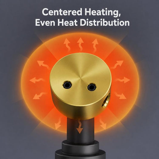 Mini copper heating block with two ports and centered heat glow
