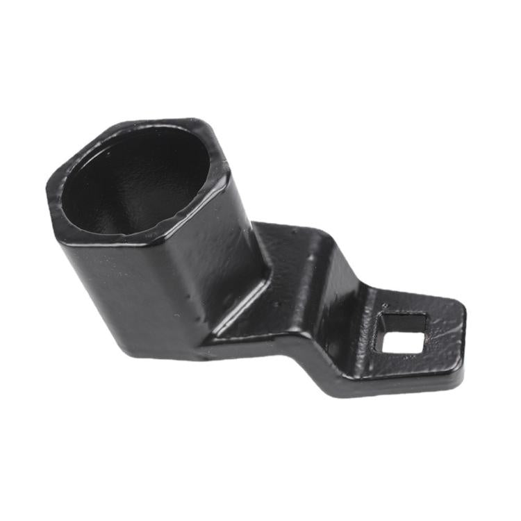 Black crankshaft belt pulley wrench with angled arm and square drive hole