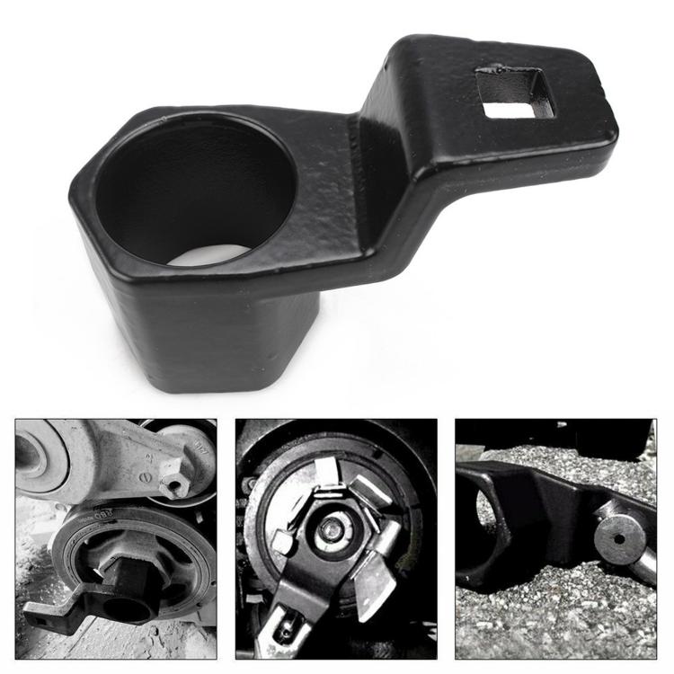 Black crankshaft belt pulley wrench with square drive slot and angled cup