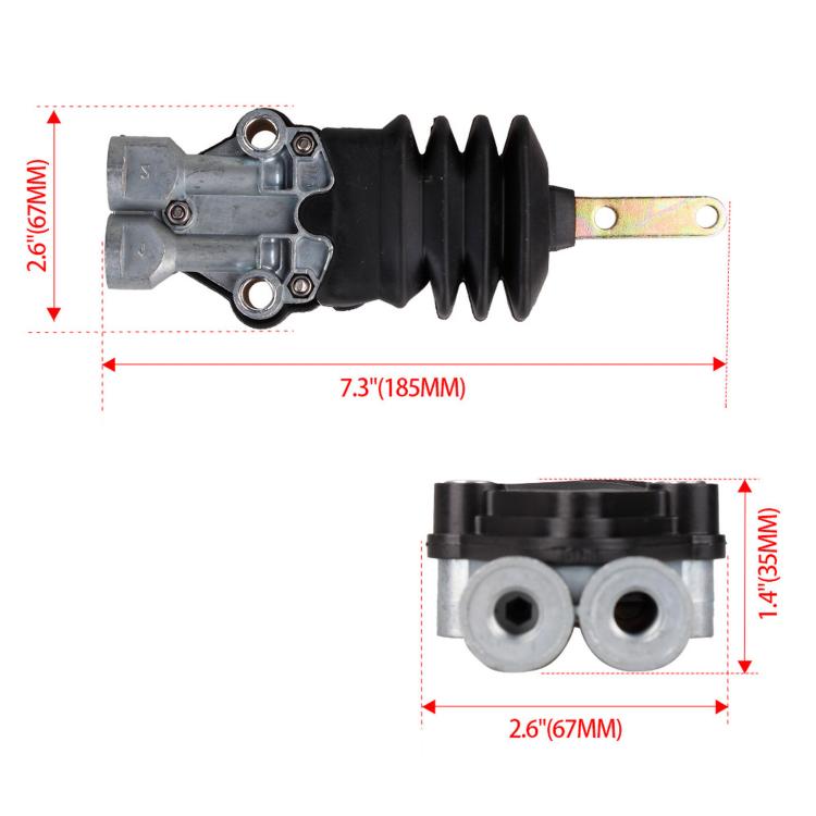 Air suspension height control valve with mounting bar and labeled dimensions