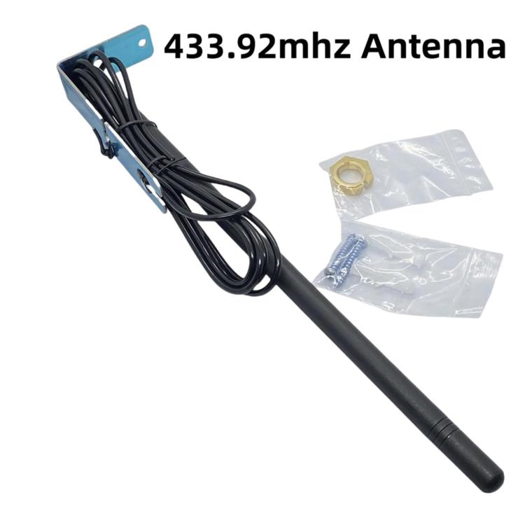 Black 433.92MHz antenna kit with bracket, coiled wire, and accessory bag