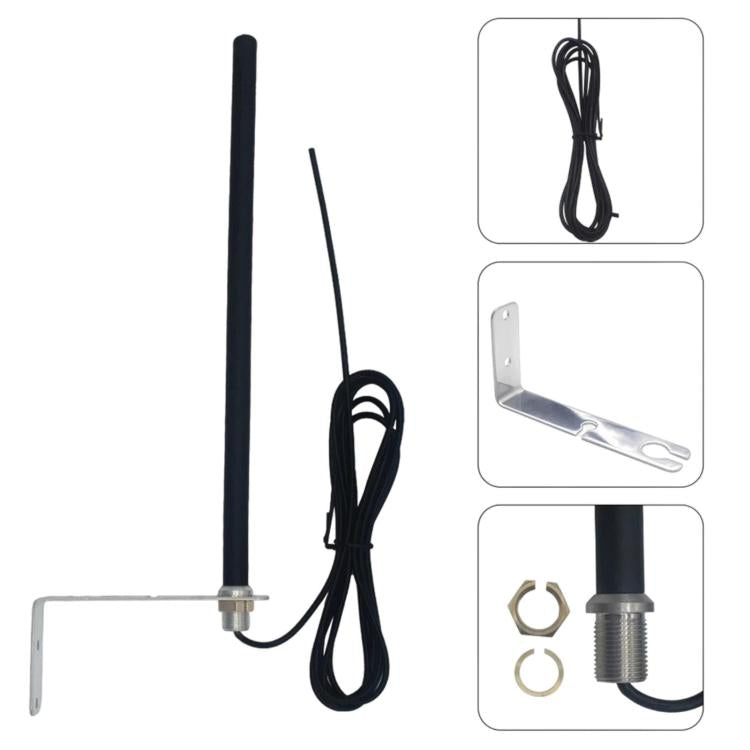 Black antenna rod with mounting bracket, coiled cable, and threaded hardware