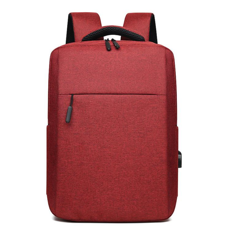Red laptop backpack with top handle, front zipper pocket, and padded shoulder straps