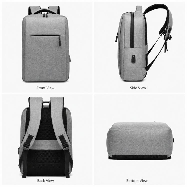 Gray laptop backpack with front pocket, top handle, and shoulder straps