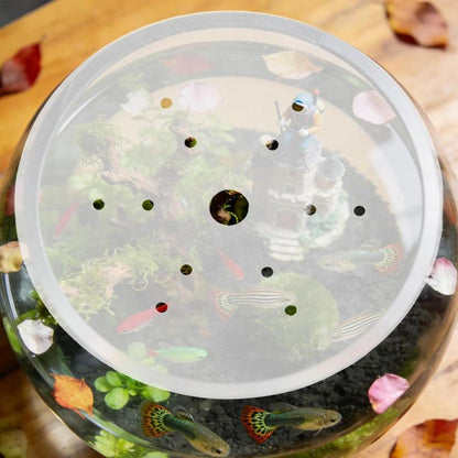 Clear acrylic round fish tank lid with center feeding hole and ventilation pores