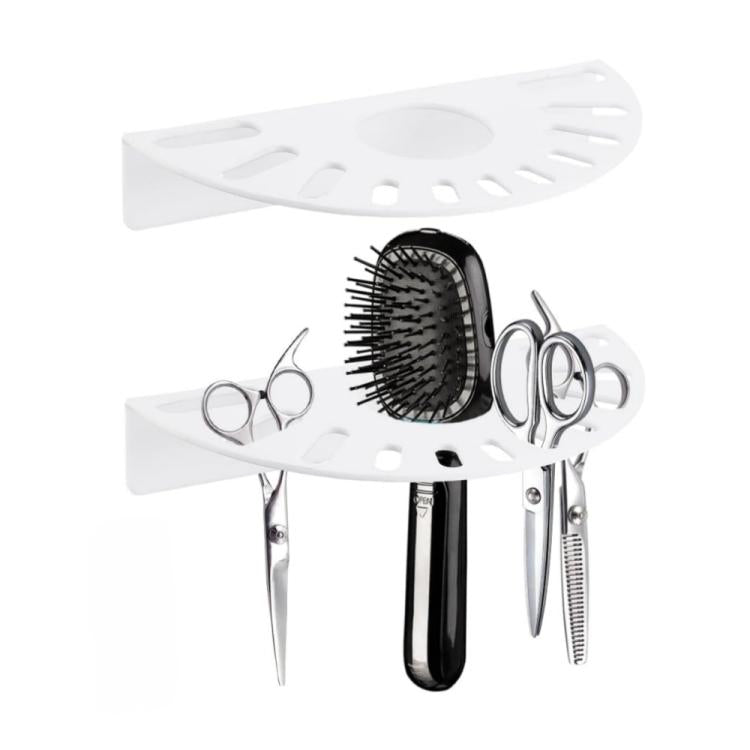 White acrylic scissor holder wall bracket holding hair scissors and brush tools