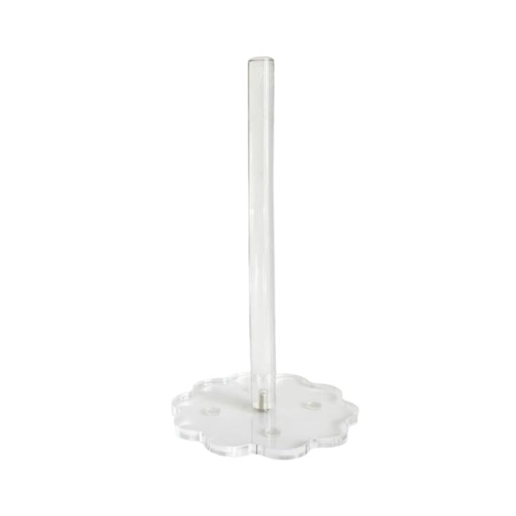 Clear acrylic paper towel holder with tall transparent tube and round scalloped base