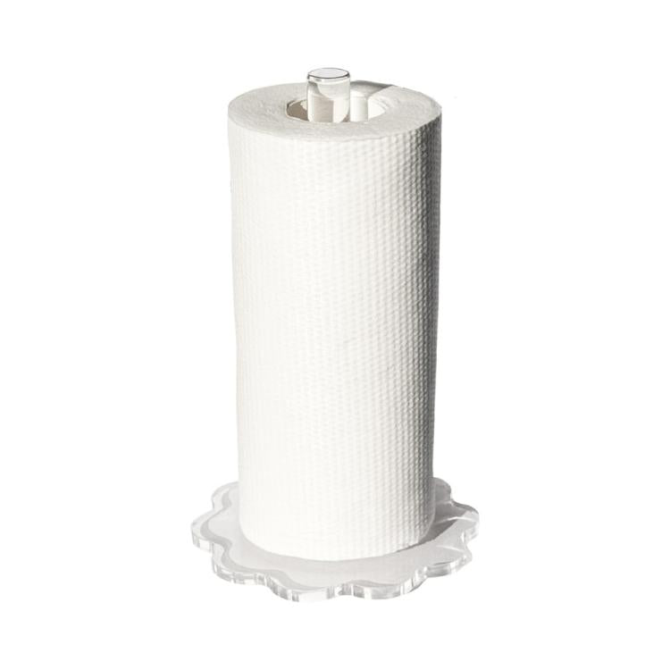 Clear acrylic paper towel holder with white paper roll and round transparent base