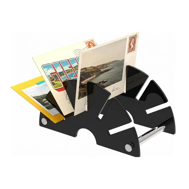 Black fan-shaped acrylic desk organizer with slots holding stacked letters
