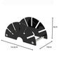 Black fan-shaped acrylic desk mail sorter with dimensions labeled