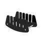 Black acrylic letter organizer with arched base, multiple slots, and silver support bars