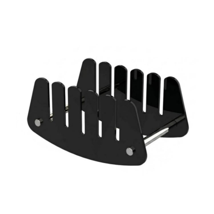Black acrylic letter organizer with arched base, multiple slots, and silver support bars