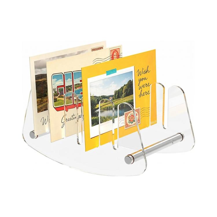 Clear acrylic desk file organizer with multi-slot holder and horizontal support bar