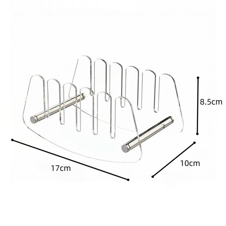 Clear acrylic letter holder with seven slots and support bars; 17cm x 10cm