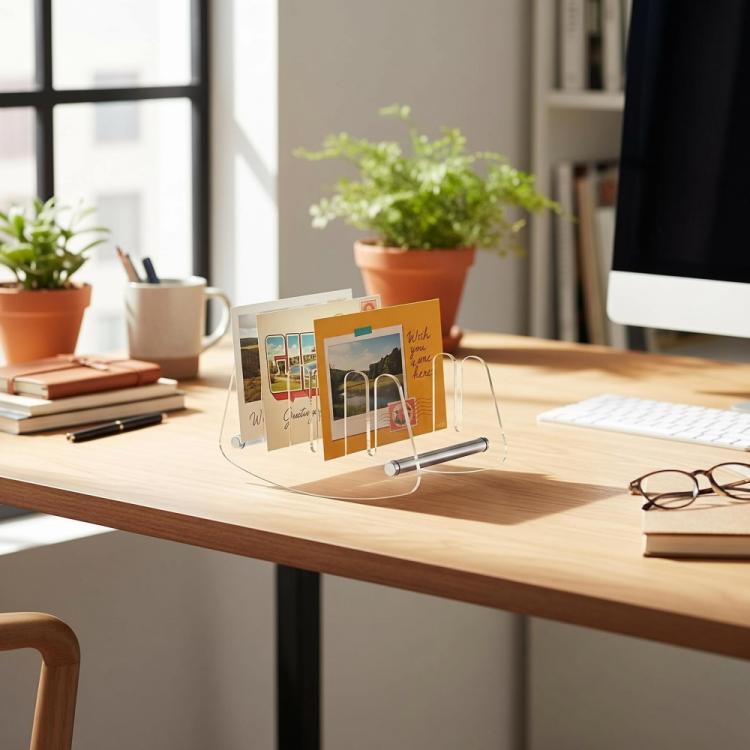 Clear acrylic desk file organizer with multi slots and two support bars on a desk